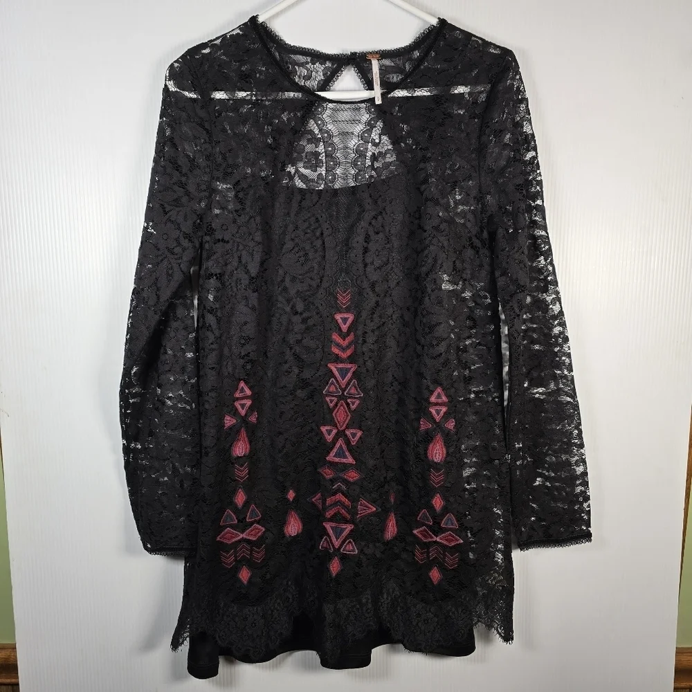 Free People Black Lace Dress with Pink Geometric Patterns Black Slip Under SizeS